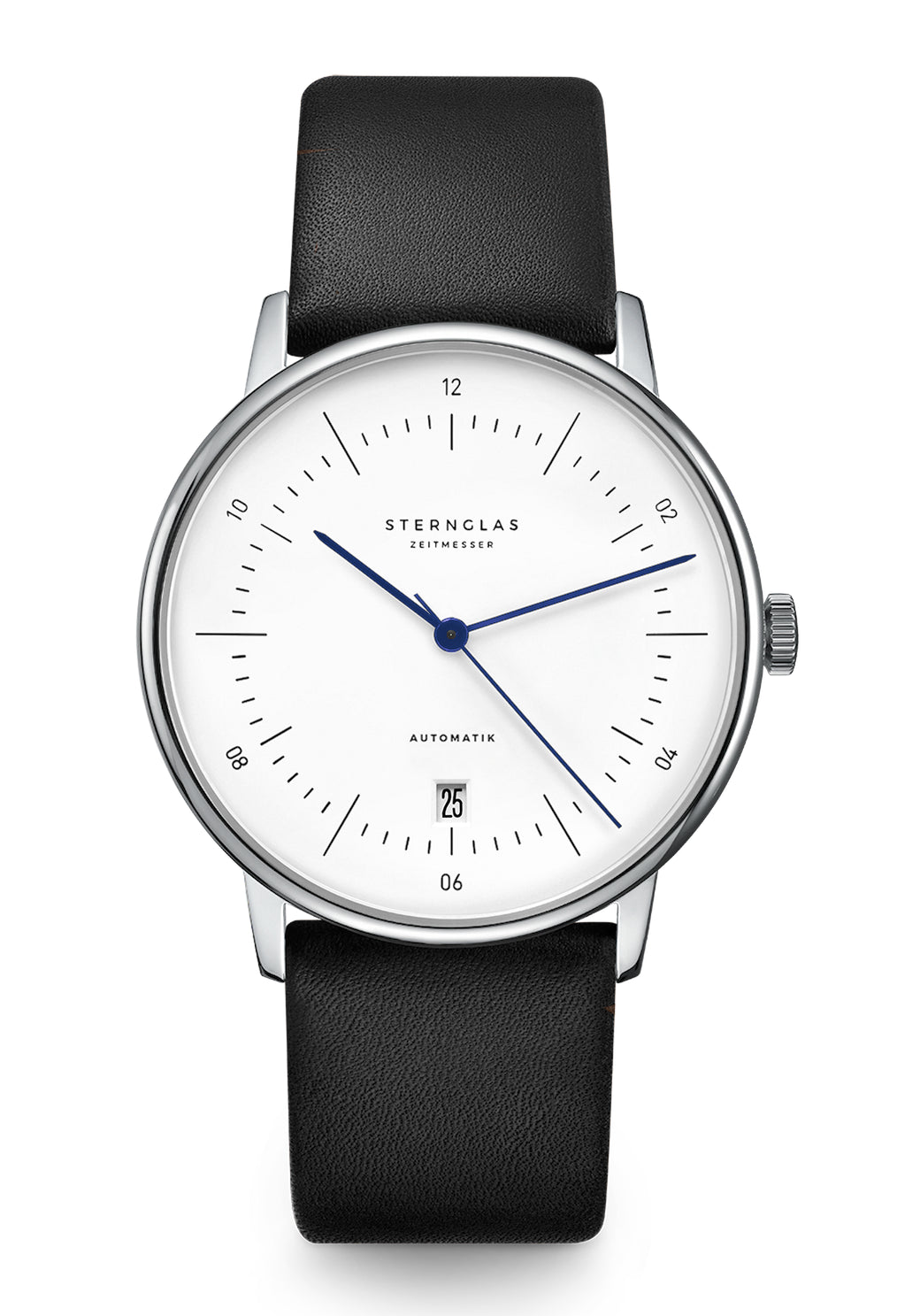 Herrenuhr mit weißem Zifferblatt, blauem Sekundenzeiger und schwarzem Lederband