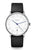 Herrenuhr mit weißem Zifferblatt, blauem Sekundenzeiger und schwarzem Lederband