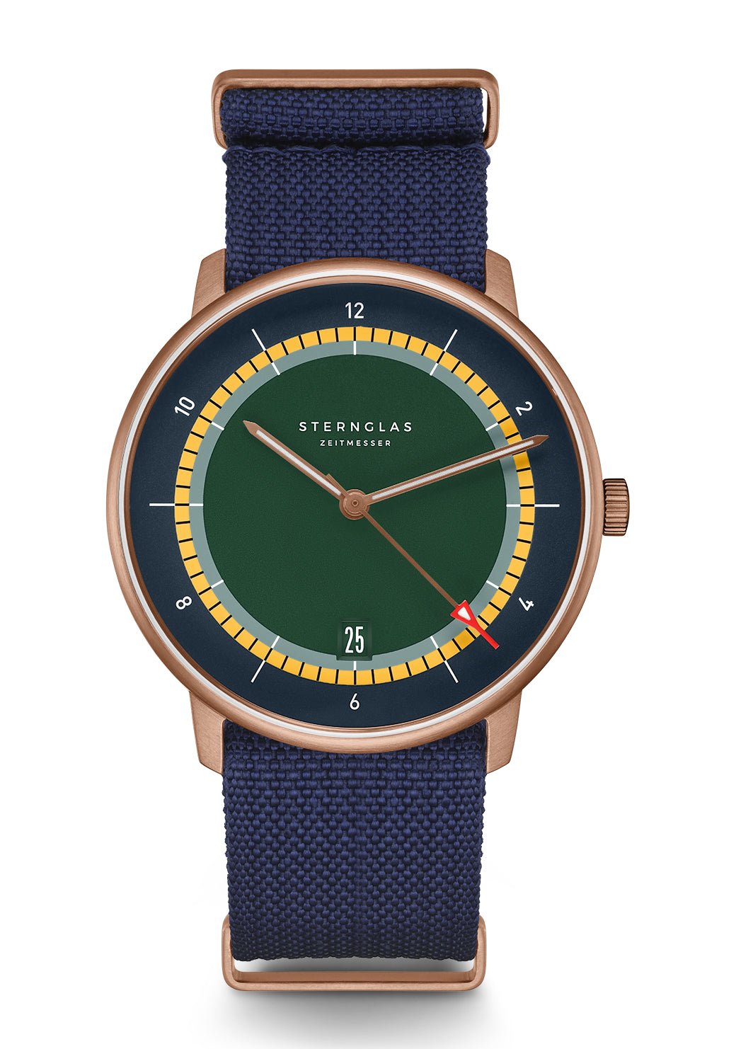 Runde Herrenuhr mit bronzefarbenem Gehäuse, blauem Textilband und grünem Zifferblatt