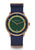 Runde Herrenuhr mit bronzefarbenem Gehäuse, blauem Textilband und grünem Zifferblatt
