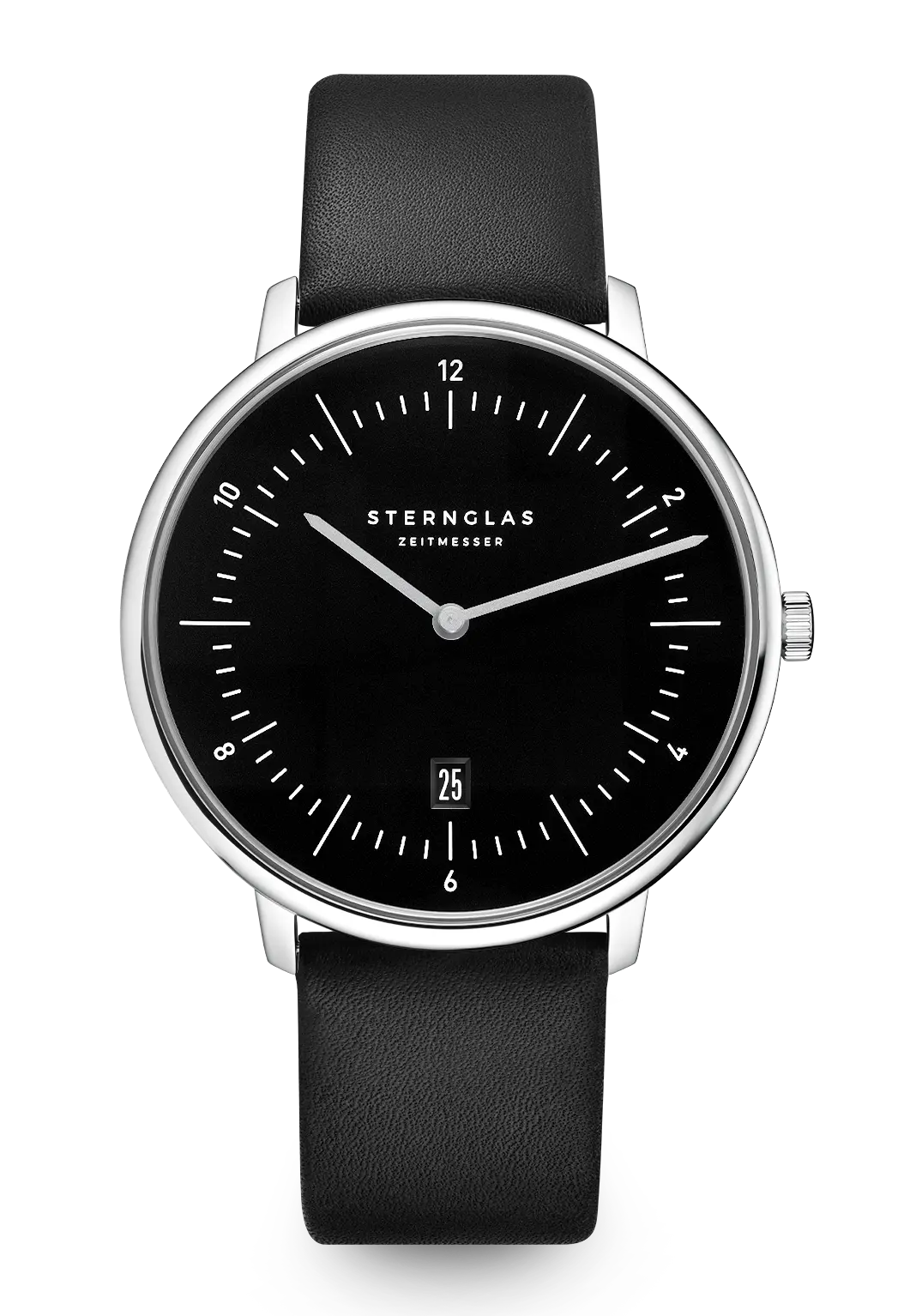 Herren-Armbanduhr mit schwarzem Lederband und schwarzem Zifferblatt, silbernes Gehäuse