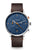 Herrenuhr mit dunkelblauem Chronograph-Zifferblatt, braunem Lederband, orange Zeigern
