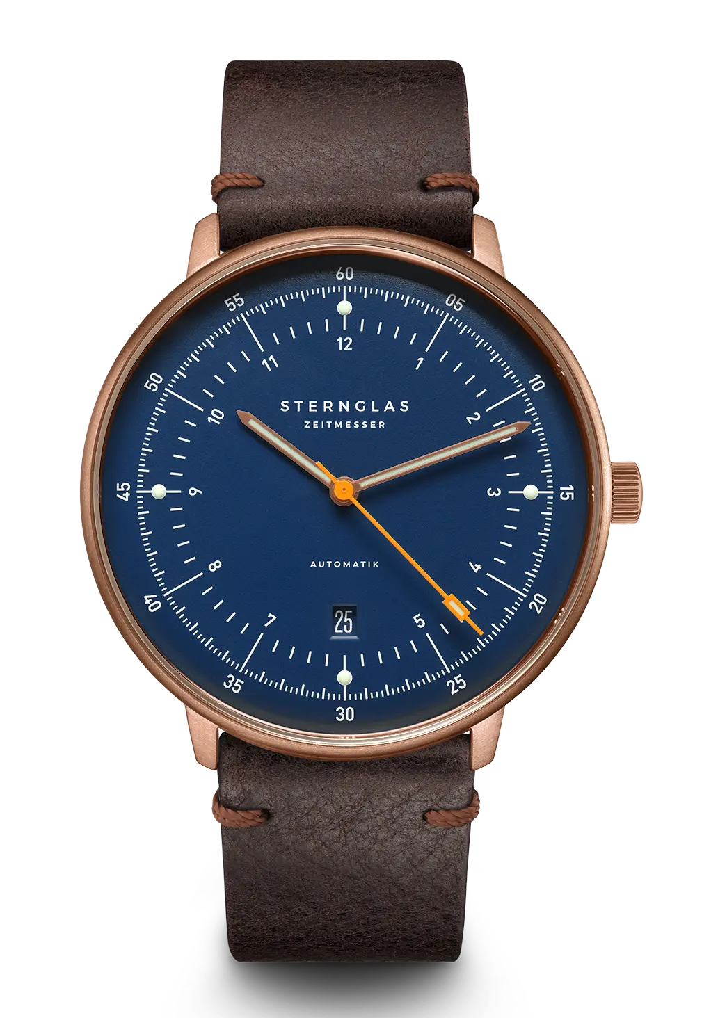 Sternglas Herrenuhr Hamburg Automatik mit Bronzegehäuse, blauem Zifferblatt, Lederband