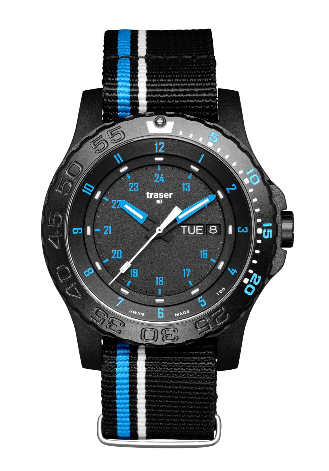Traser Herrenuhr mit schwarzem Gehäuse, blauem Zifferblatt und Leuchtmarkierungen