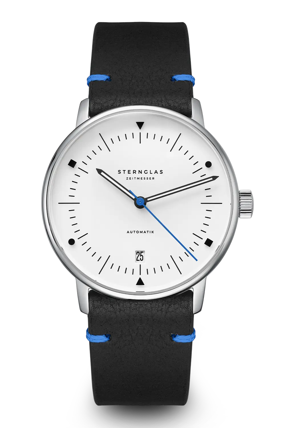 Sternglas Naos Edition Bauhaus X Armbanduhr: schwarzes Lederband, weißes Zifferblatt