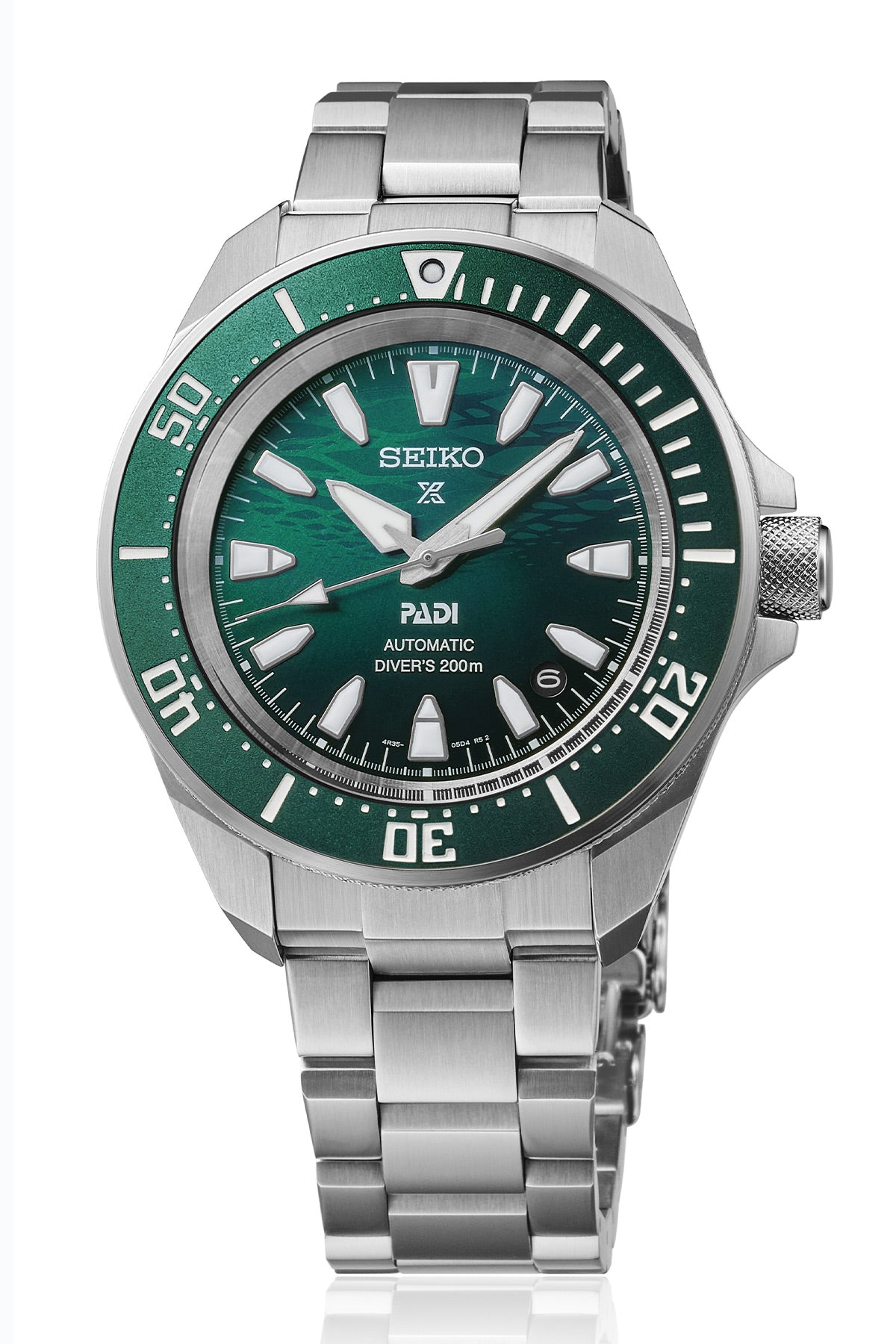 Seiko Prospex Herrenuhr mit grünem Zifferblatt, Stahlband und Drehlünette, PADI