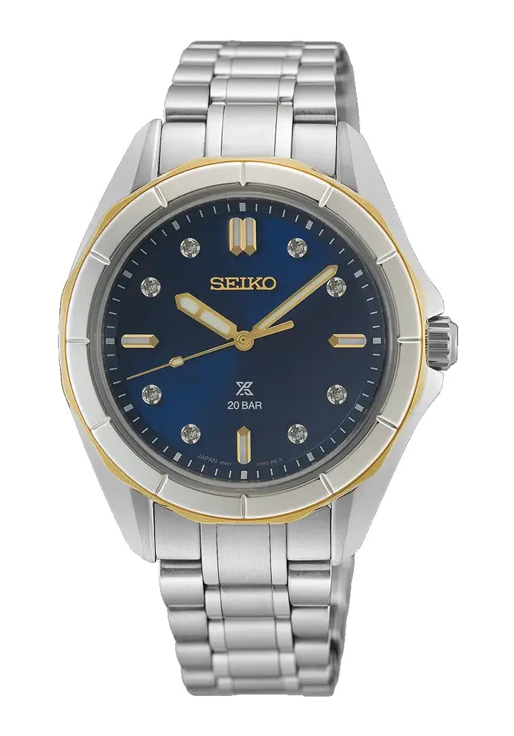 Seiko Prospex Damenuhr mit blauem Zifferblatt, silberfarbenem Edelstahlband und Goldlünette