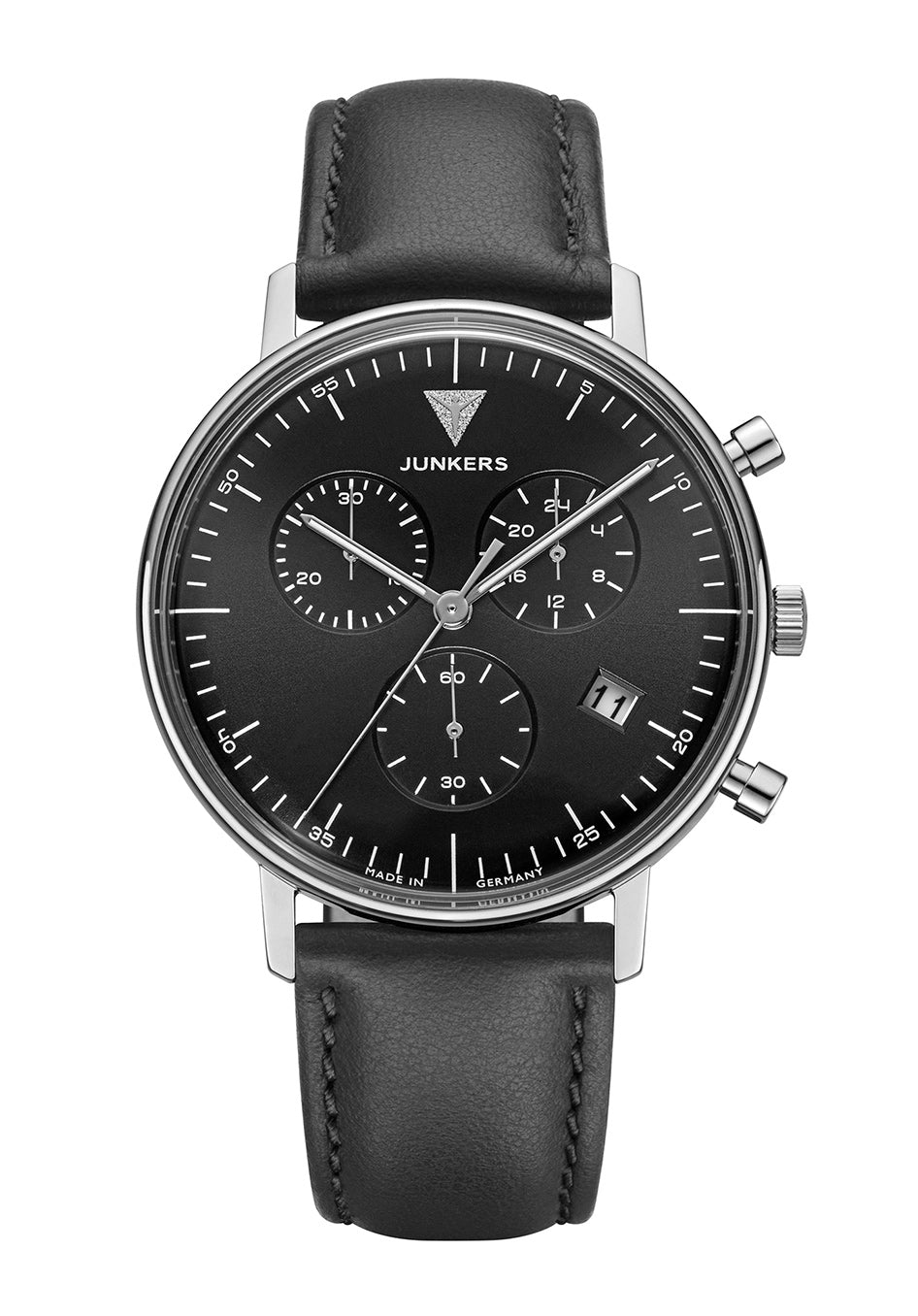 Junkers Quarz-Chronograph für Herren: schwarzes Zifferblatt, schwarzes Lederarmband