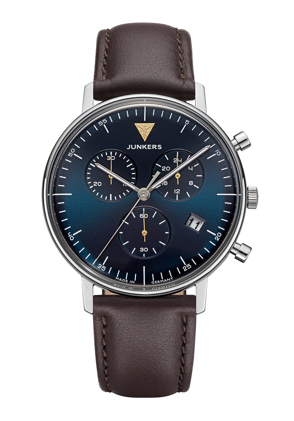 Herren-Quarzchronograph Junkers Bauhaus mit blauem Zifferblatt und braunem Lederarmband