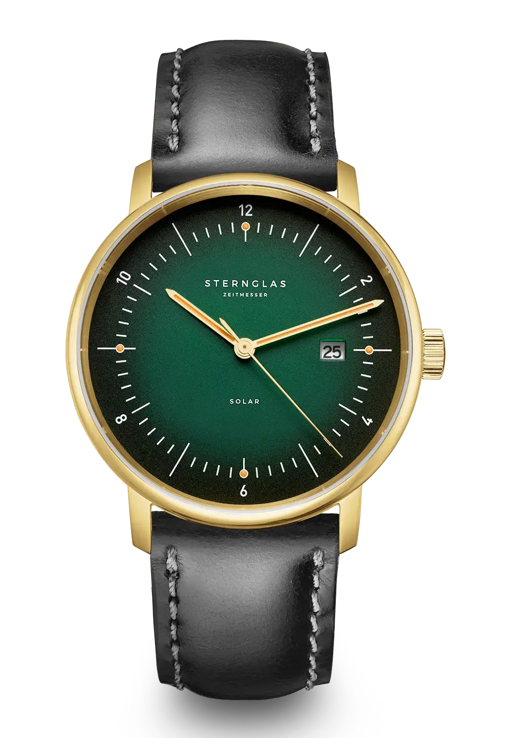 Solararmbanduhr mit dunkelgrünem Zifferblatt und Lederarmband, goldfarbener Gehäuseform