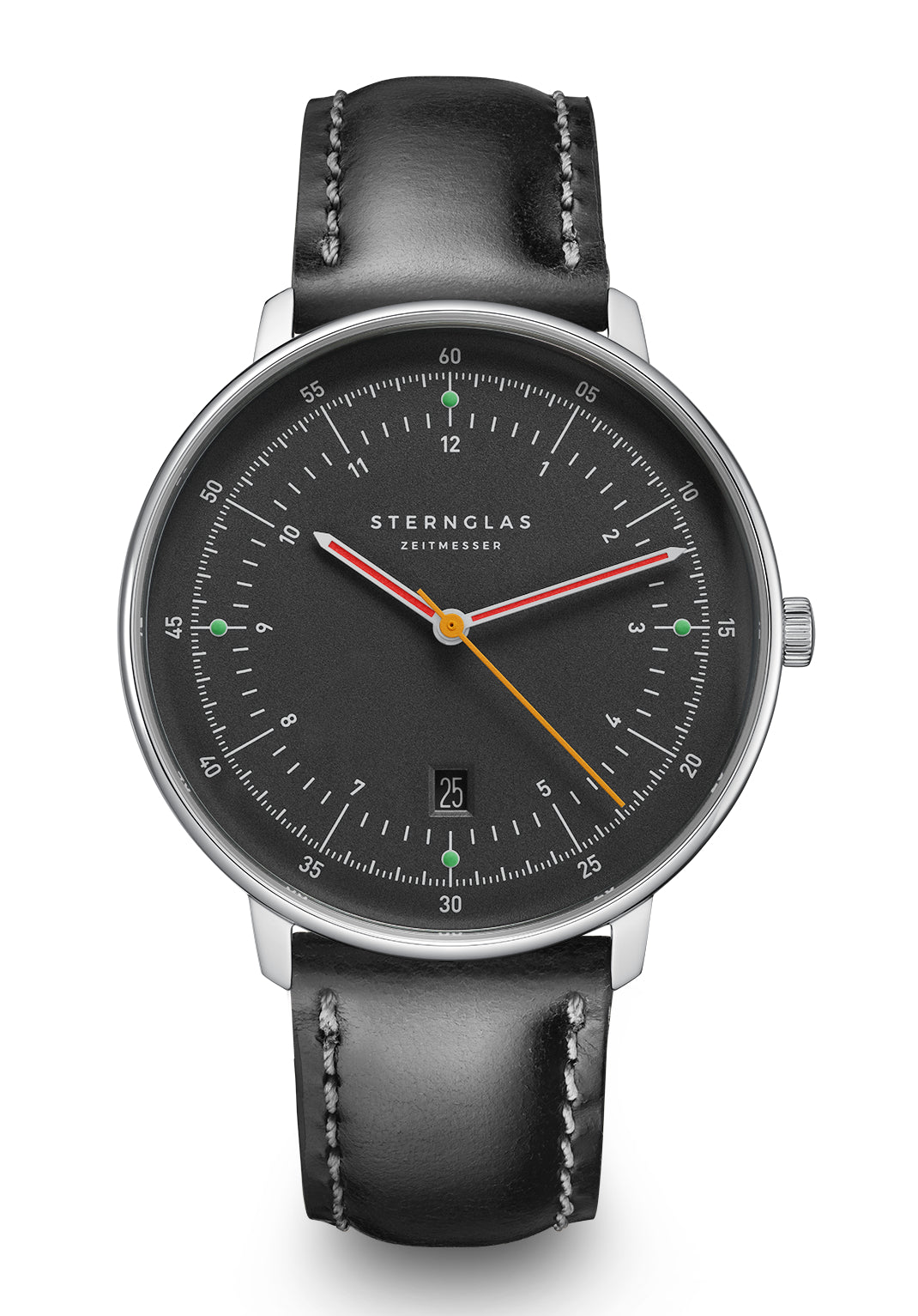 Herrenuhr: anthrazitfarbenes Zifferblatt, schwarzes Lederarmband