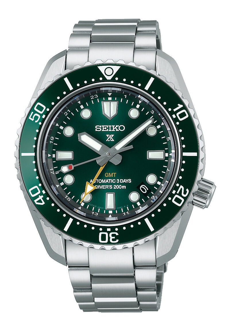 Seiko Prospex Herrenuhr mit grünem Zifferblatt, GMT-Lünette und Edelstahlarmband, Automatik