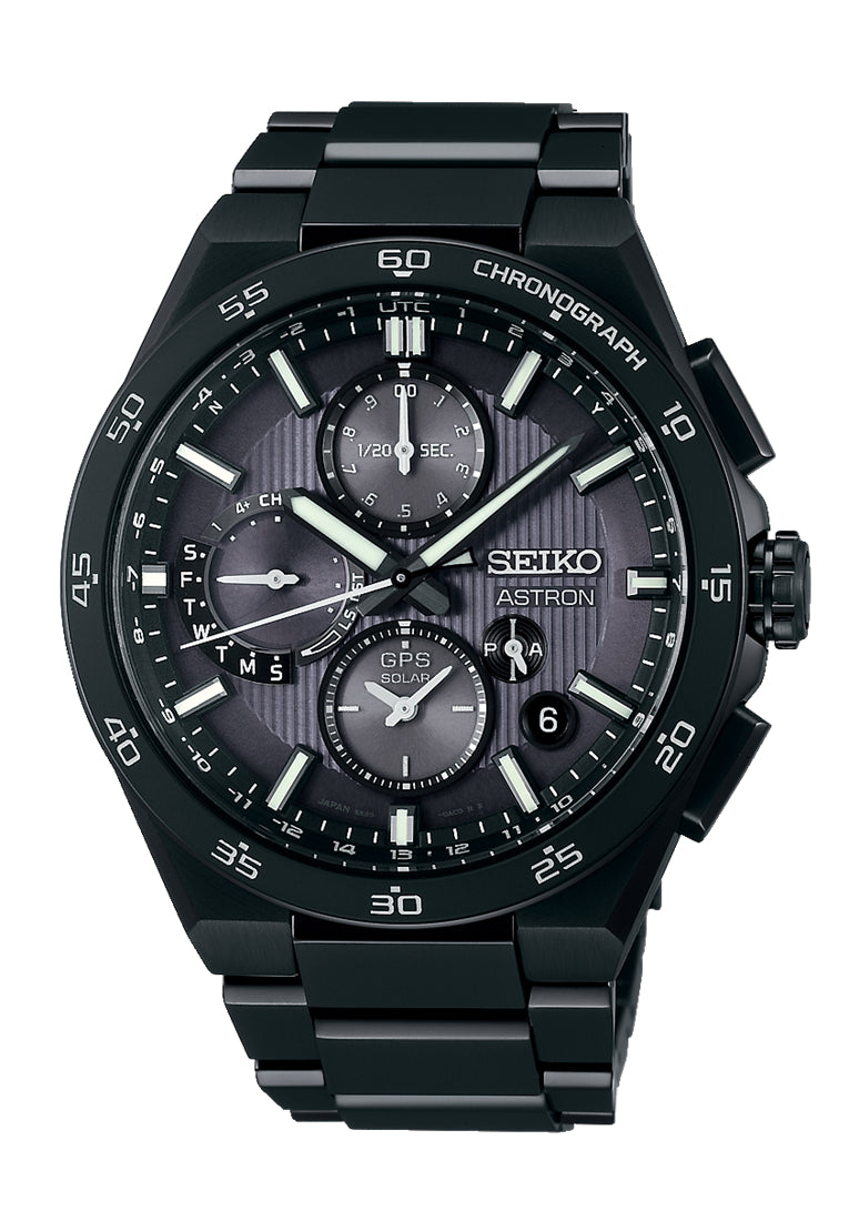 Schwarz Herrenuhr, Chronograph mit Totalisatoren und Metallarmband