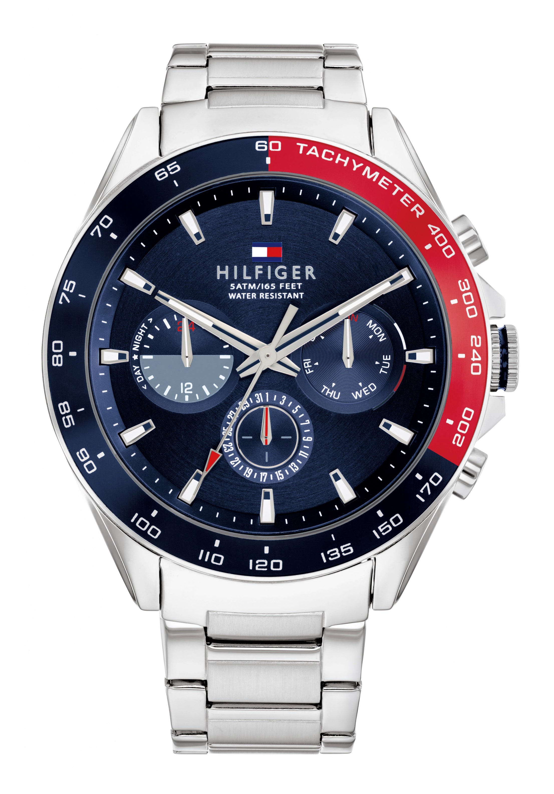 Tommy Hilfiger Herrenarmbanduhr, blaues Zifferblatt, Tachymeter-Ring, Edelstahlarmband