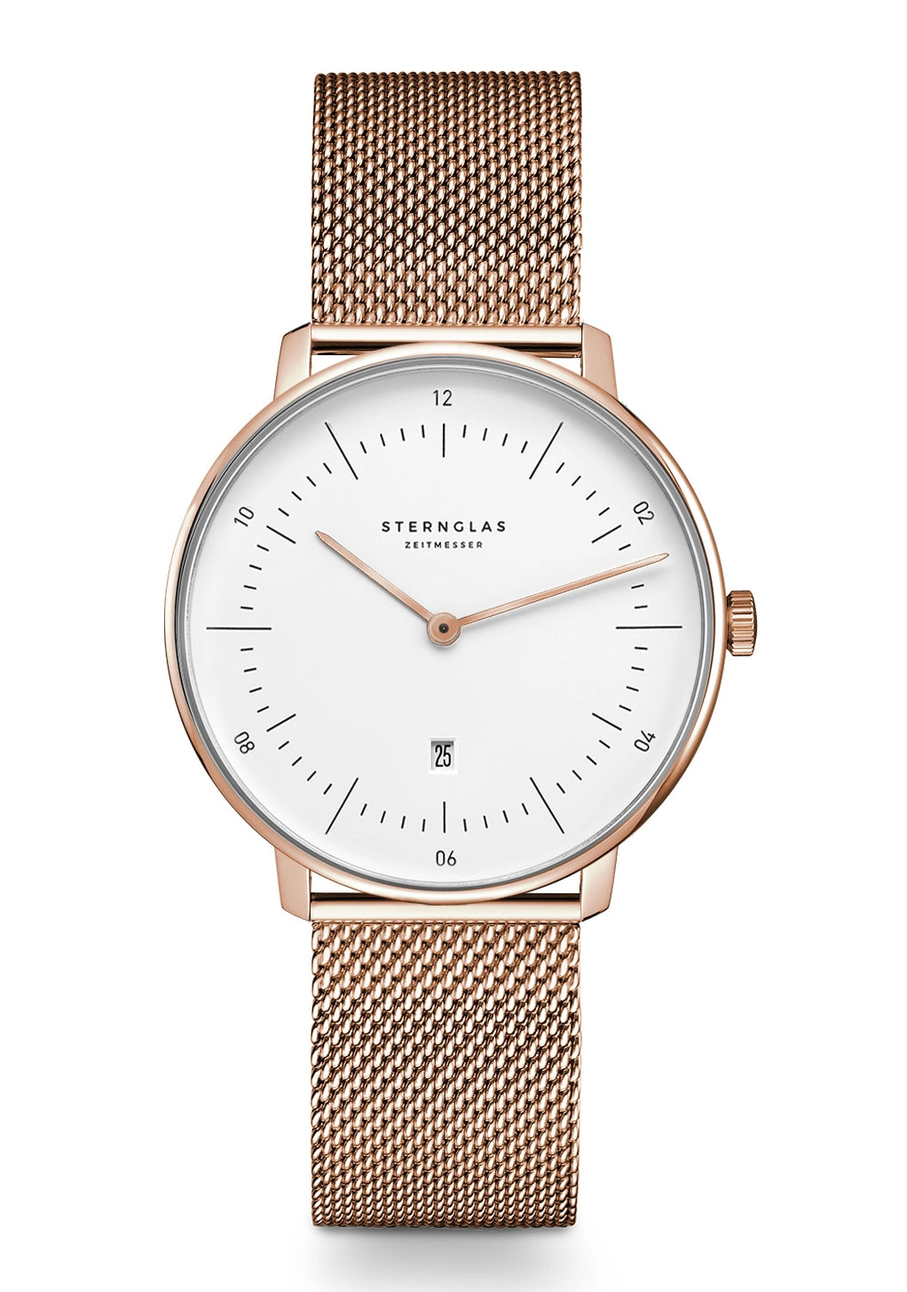 Damenuhr mit roségoldener Mesh-Armbandkette und weißem Zifferblatt, rundes Gehäuse