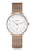 Damenuhr mit roségoldener Mesh-Armbandkette und weißem Zifferblatt, rundes Gehäuse
