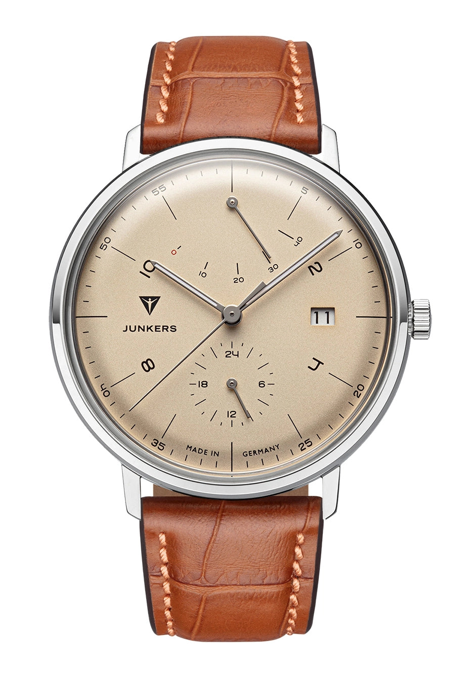 Junkers Bauhaus 910.01 Herren Automatikuhr mit beigem Zifferblatt und braunem Lederband