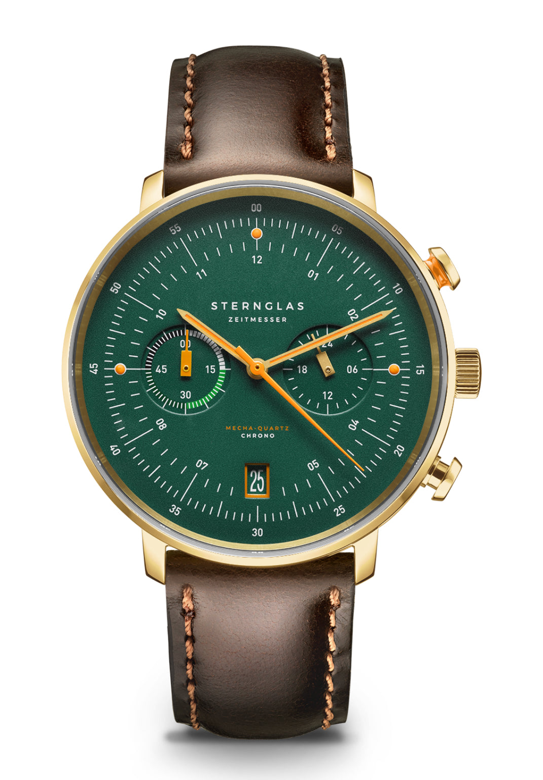 Herren-Chronograph mit grünem Zifferblatt, goldfarbenem Gehäuse und braunem Lederband