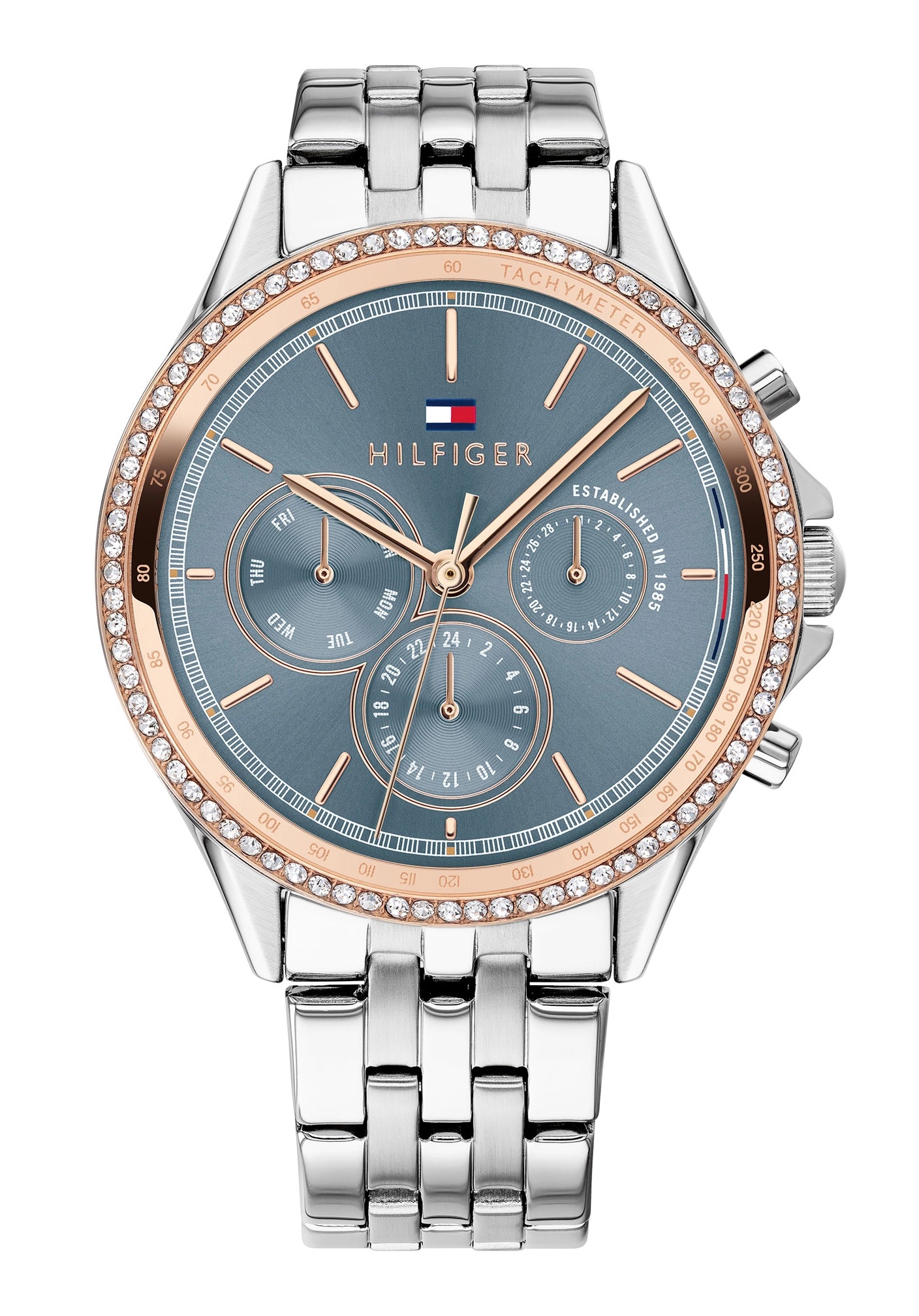 Damenarmbanduhr mit silbernem Metallarmband, blauem Zifferblatt und Steinumrandung