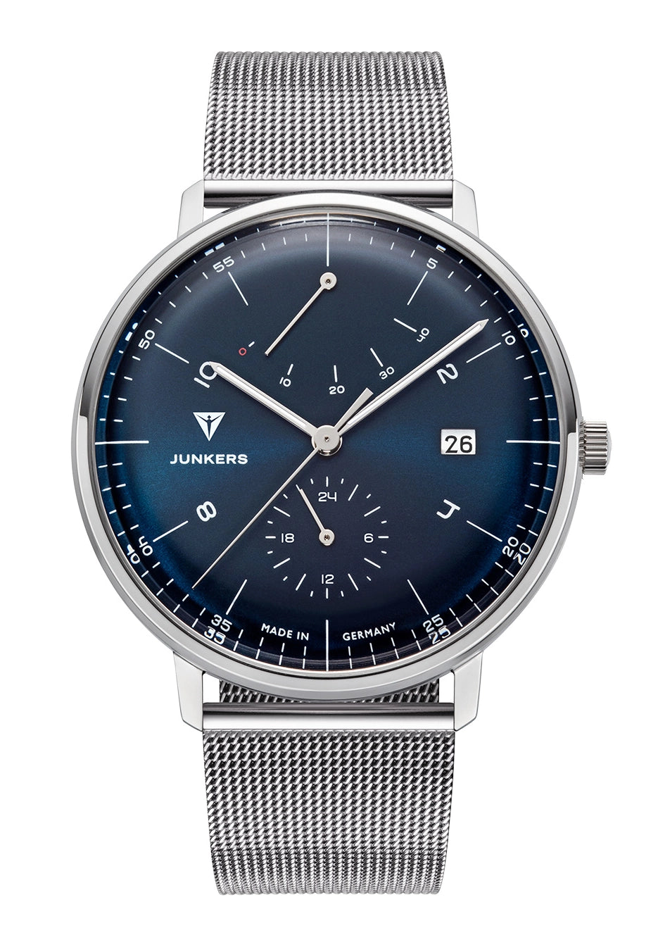 Junkers Automatik-Armbanduhr mit blauem Zifferblatt, Metall-Meshband und Datumsanzeige