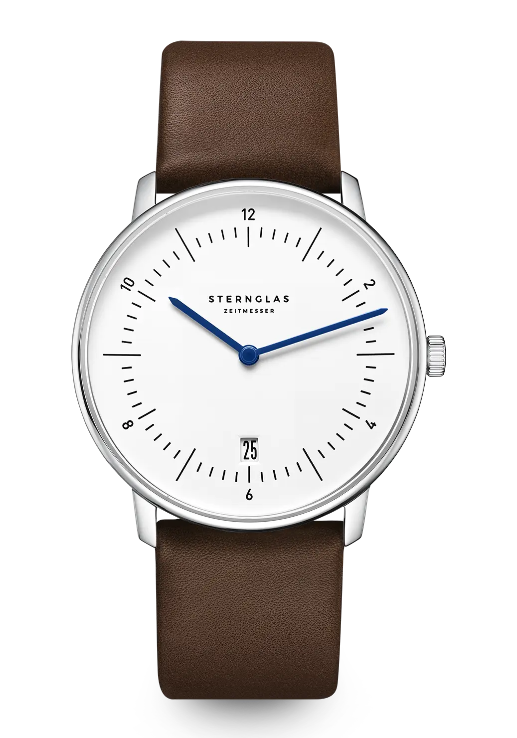 Damen-Armbanduhr Sternglas Naos mit weißem Zifferblatt und braunem Lederarmband