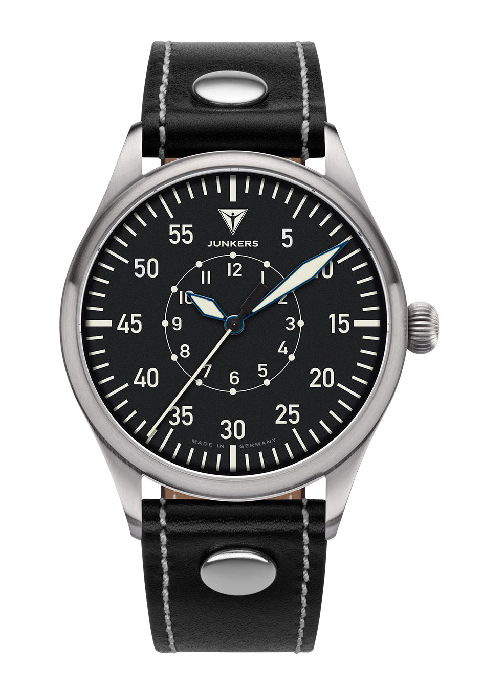Junkers Herrenarmbanduhr mit schwarzem Zifferblatt, schwarzen Lederband und analoger Anzeige.