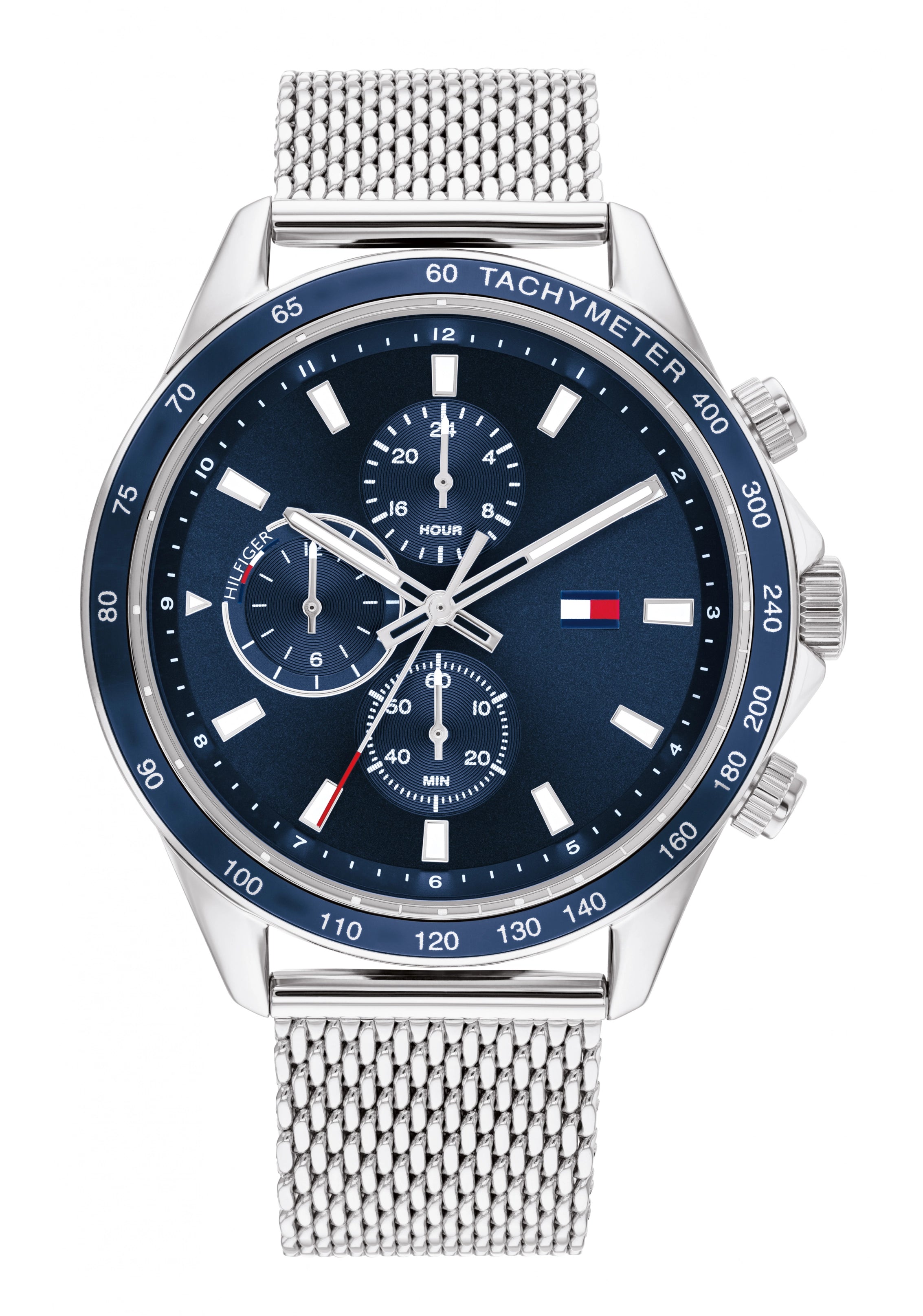 Tommy Hilfiger Sportuhr: blaues Zifferblatt, Mesharmband, Tachymeter und Chrono-Subdials