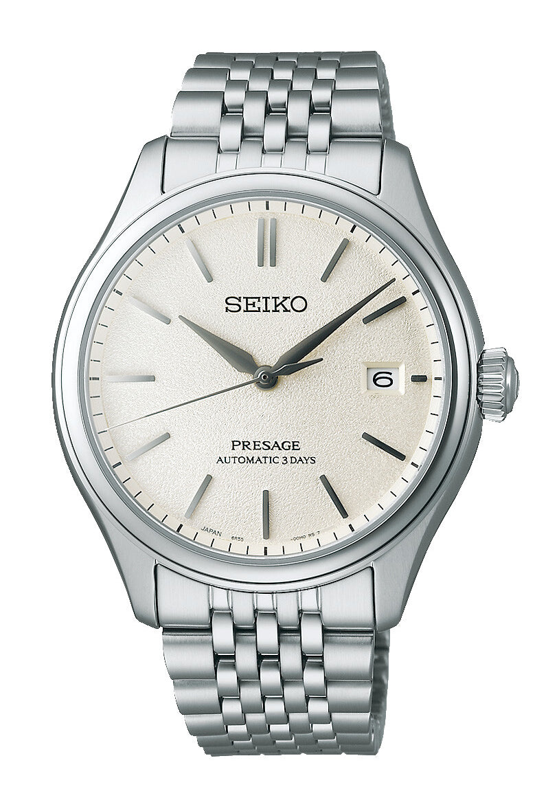 Seiko Presage Herrenuhr mit cremefarbenem Zifferblatt, Metallarmband und Datumsanzeige