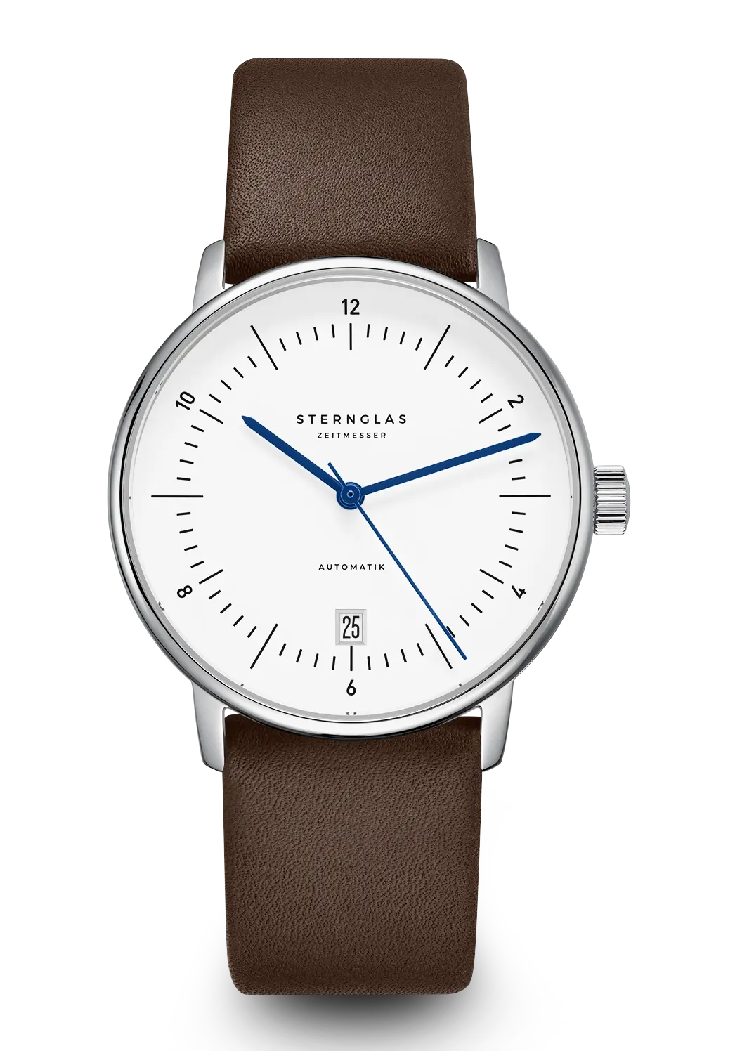 Sternglas Naos Automatik 38mm: weiße Ziffernblatt-Armbanduhr mit braunem Lederband