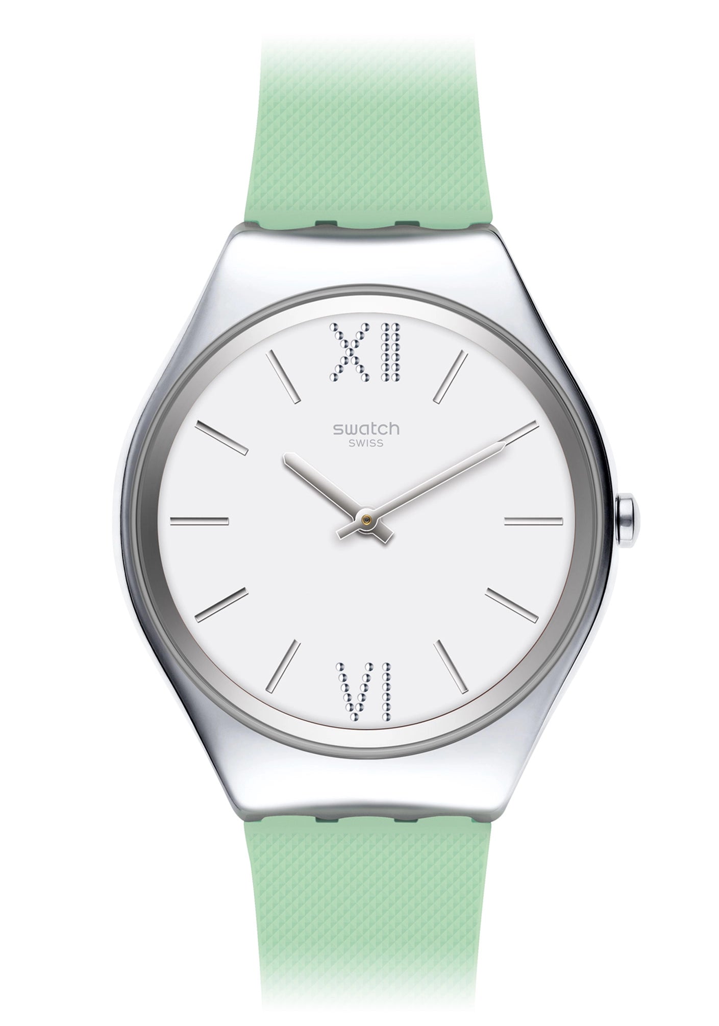 Swatch Damenuhr mit mintgrünem Silikonarmband, silbernem Gehäuse und weißem Zifferblatt