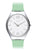 Swatch Damenuhr mit mintgrünem Silikonarmband, silbernem Gehäuse und weißem Zifferblatt