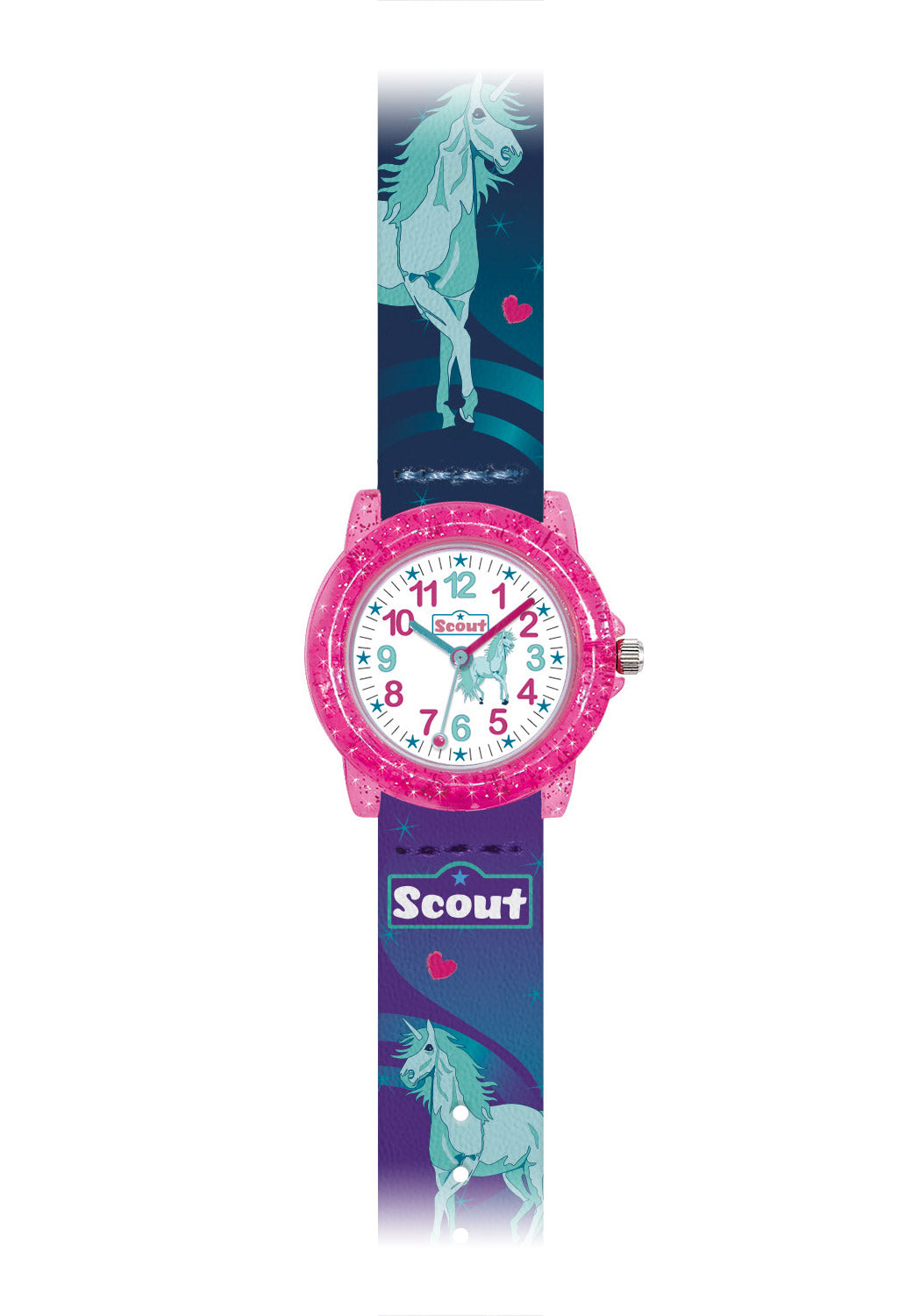 Kinderuhr mit pinkem Glitzergehäuse, Einhorn-Motiv am Armband, Mineralglas, Zifferblatt