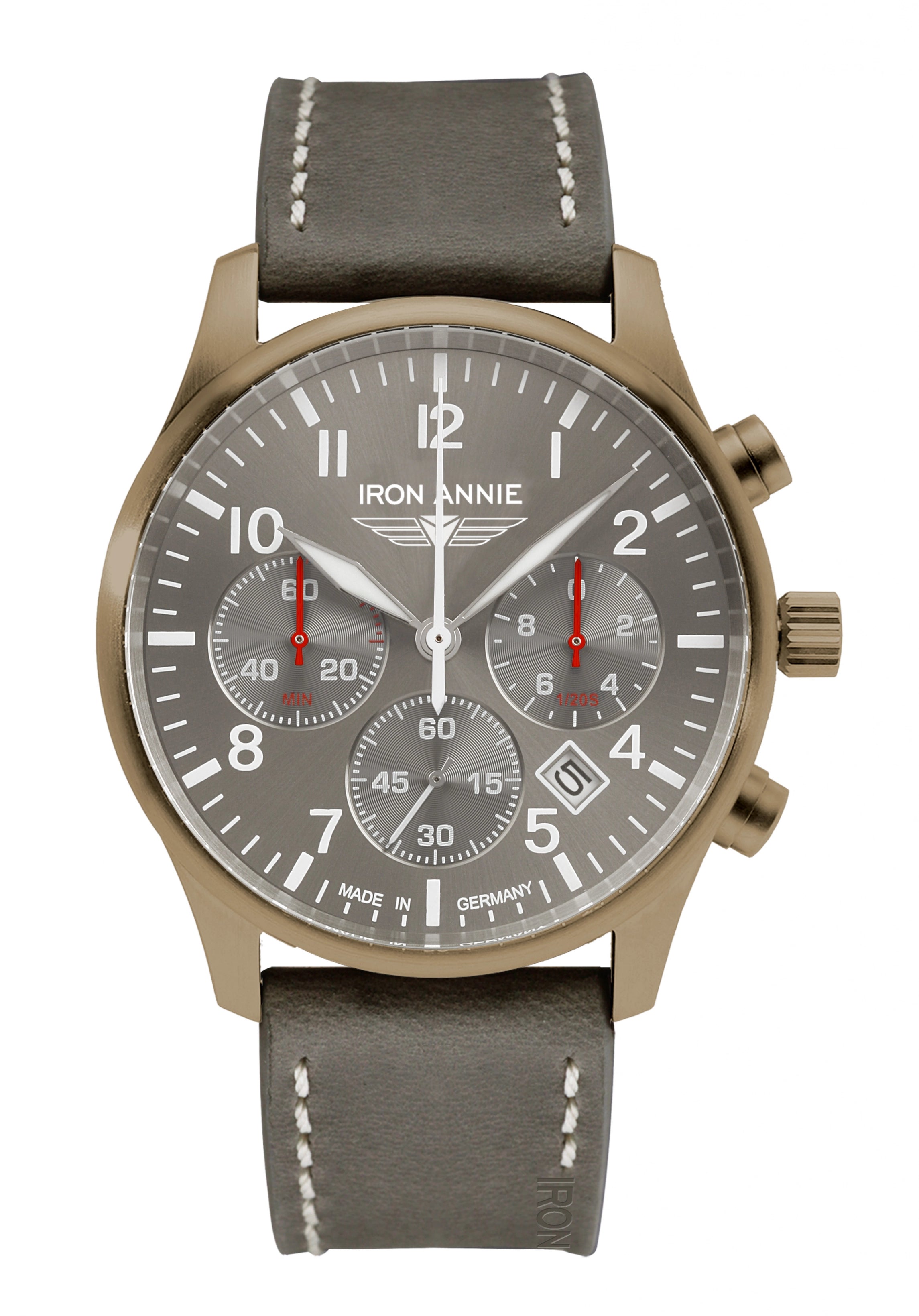 Herrenchronograph: goldfarbenes Gehäuse, schwarzes Zifferblatt, graubraunes Lederband