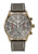 Herrenchronograph: goldfarbenes Gehäuse, schwarzes Zifferblatt, graubraunes Lederband