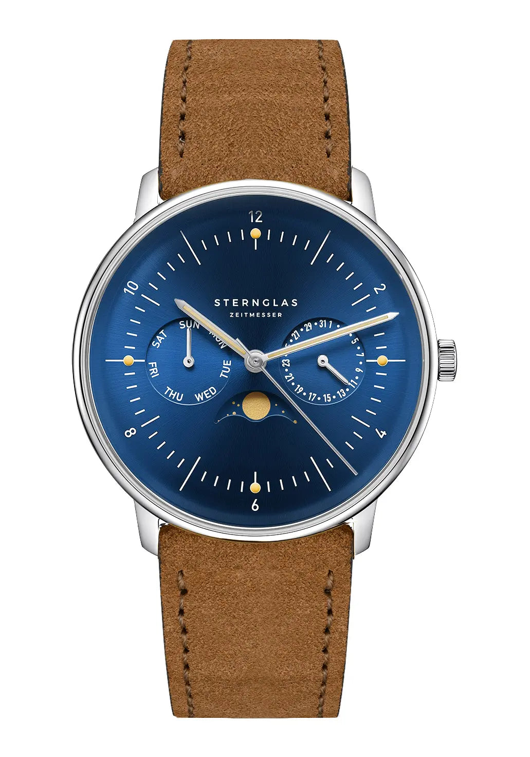 Sternglas Unisex-Armbanduhr mit blauem Zifferblatt, Mondphase und braunem Lederarmband