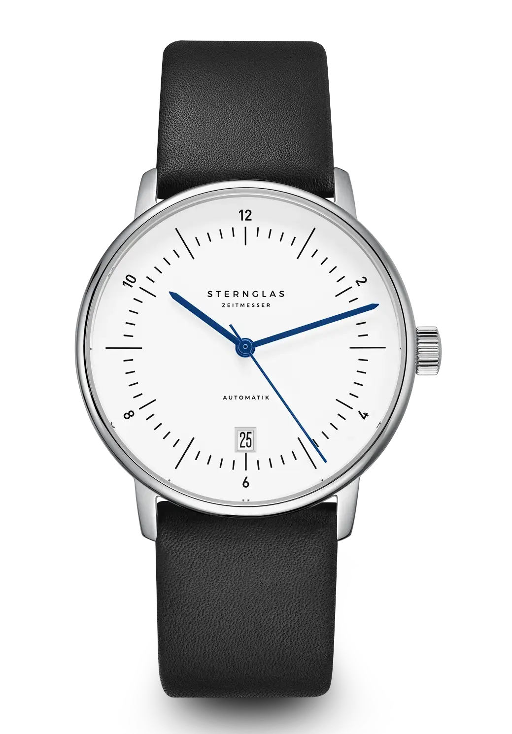 Sternglas Naos Automatik Armbanduhr mit weißem Zifferblatt, blauen Zeigern und schwarzem Lederband