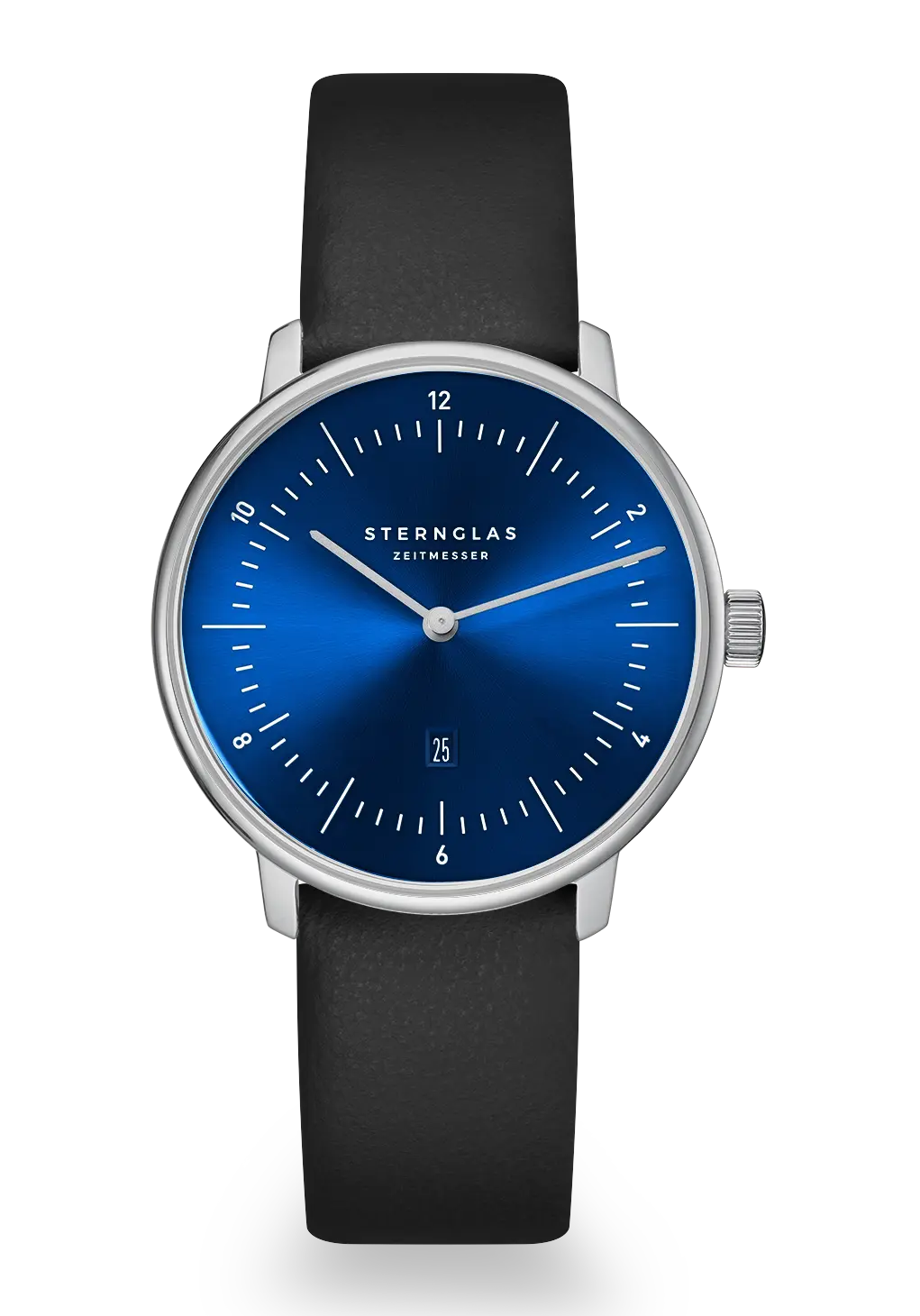Damenarmbanduhr mit tiefblauem Zifferblatt, silbernem Gehäuse und schwarzem Lederband
