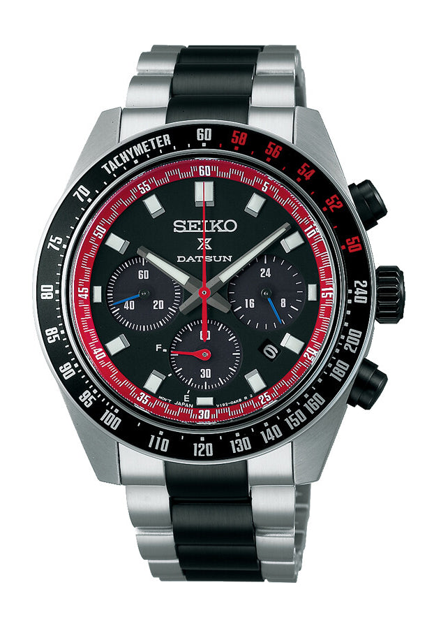 Seiko Prospex Speedtimer Herrenuhr mit schwarzem Zifferblatt, roter Lünette und Stahlband.