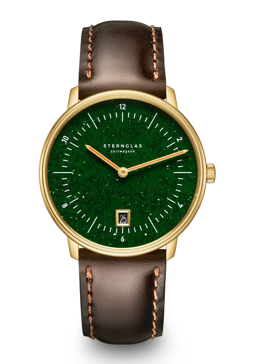 Armbanduhr mit grünem Aventurin-Zifferblatt, goldfarbenem Gehäuse, braunem Lederband