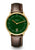 Armbanduhr mit grünem Aventurin-Zifferblatt, goldfarbenem Gehäuse, braunem Lederband
