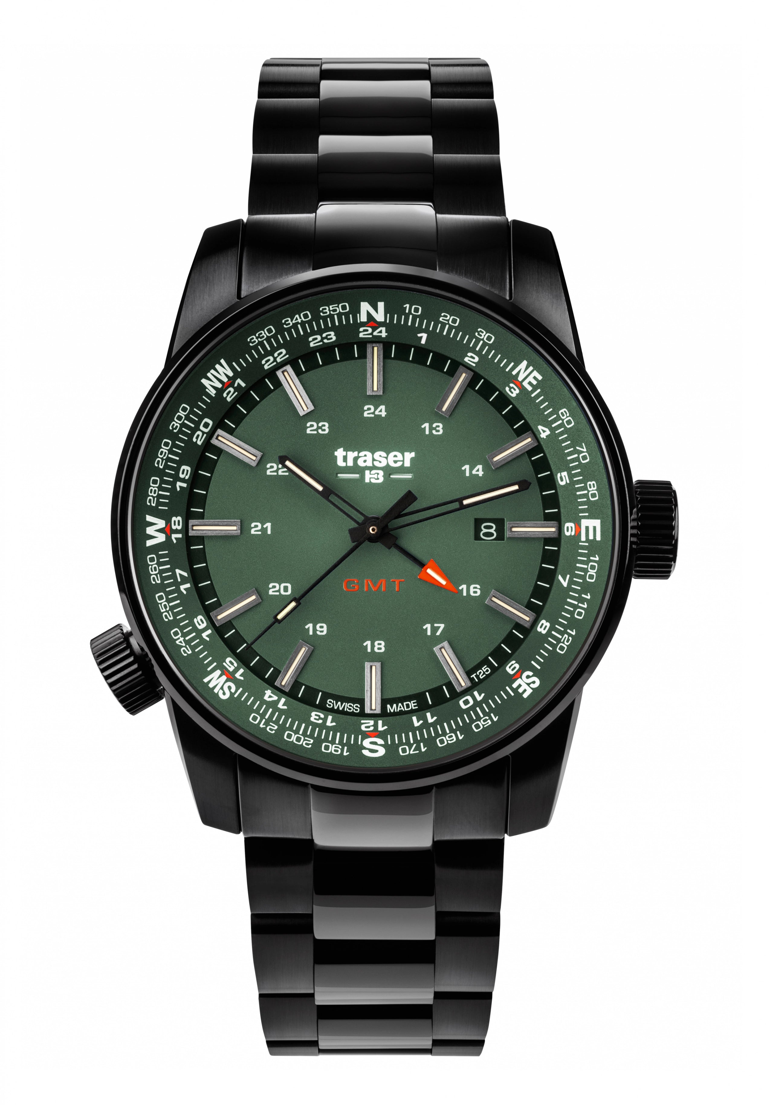 Traser P68 Pathfinder GMT Herrenarmbanduhr, schwarzes Armband, GMT-Anzeige, grüne Leuchtwerte