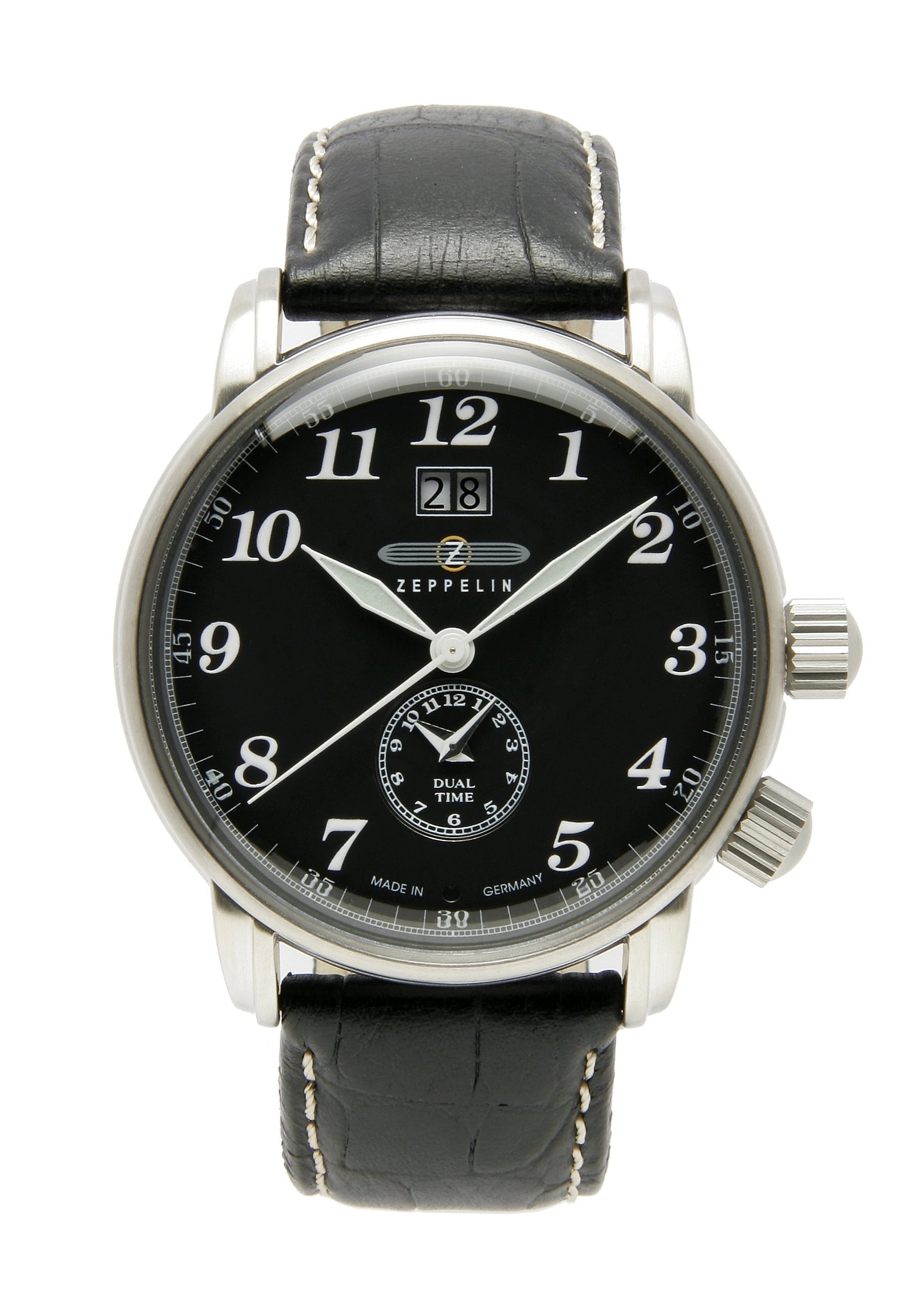 Herrenuhr mit schwarzem Zifferblatt und schwarzem Lederarmband, Edelstahlgehäuse
