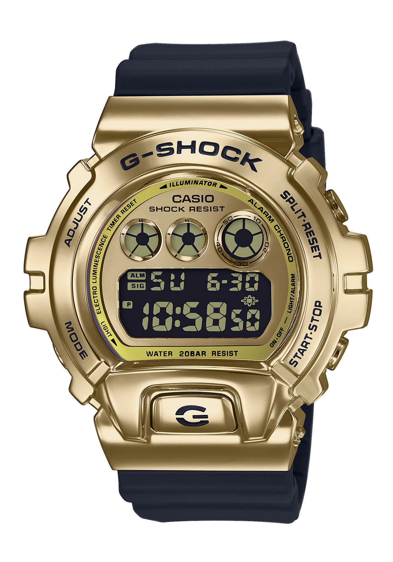 Casio G-SHOCK Digitaluhr mit goldfarbenem Gehäuse, dunkelblauem Silikonarmband