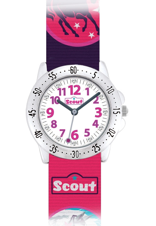 Mädchen-Armbanduhr mit rosa Textilband und rundem Ziffernblatt, Pferdemotiv