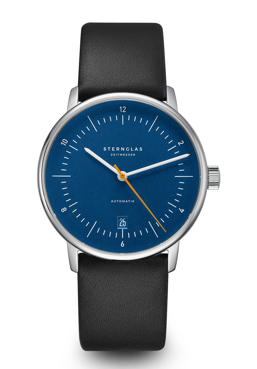 Herrenarmbanduhr mit blauem Zifferblatt, schwarzem Lederband und Datumsanzeige