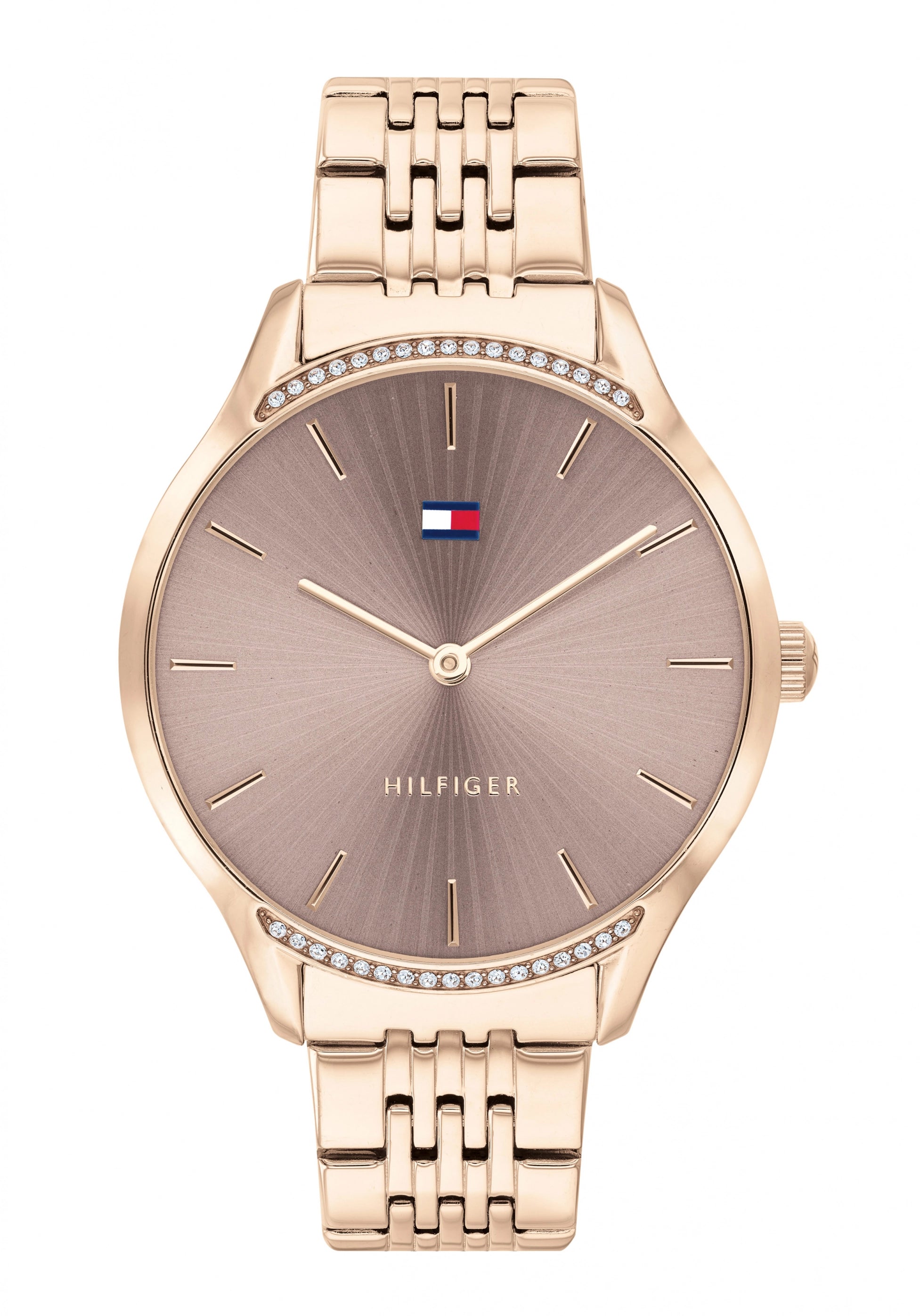 Tommy Hilfiger Damenuhr, roségoldfarbenes Metallband, graues Zifferblatt mit Ziersteinen