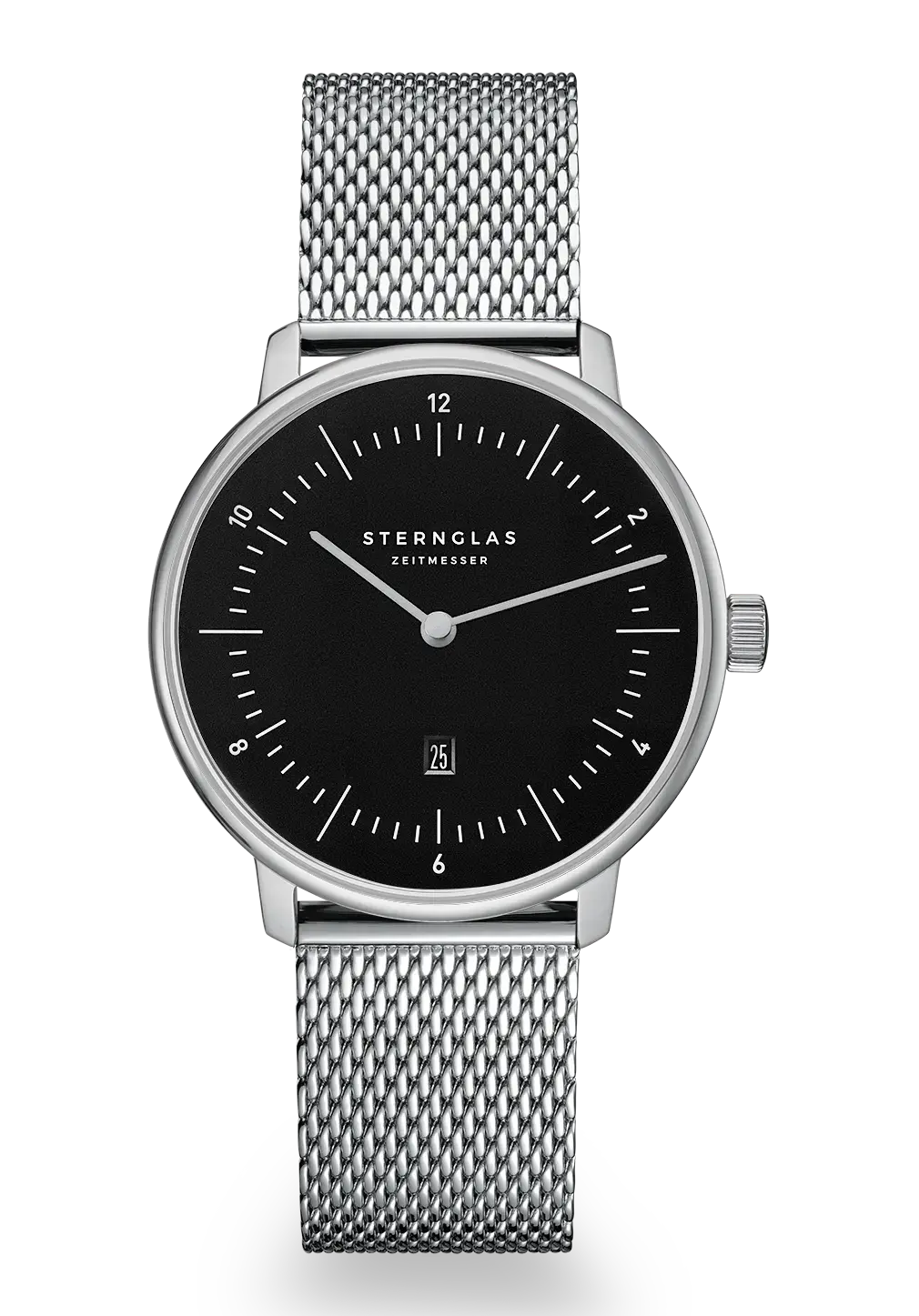 Sternglas Naos XS Damenarmbanduhr mit schwarzem Zifferblatt, Maschenarmband und Datumsfenster