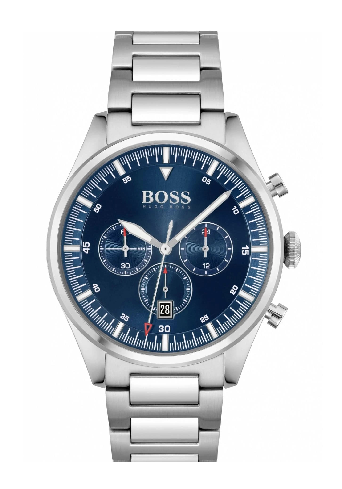 Herren-Chronograph mit blauem Zifferblatt, silbernem Edelstahlband und Mineralglas
