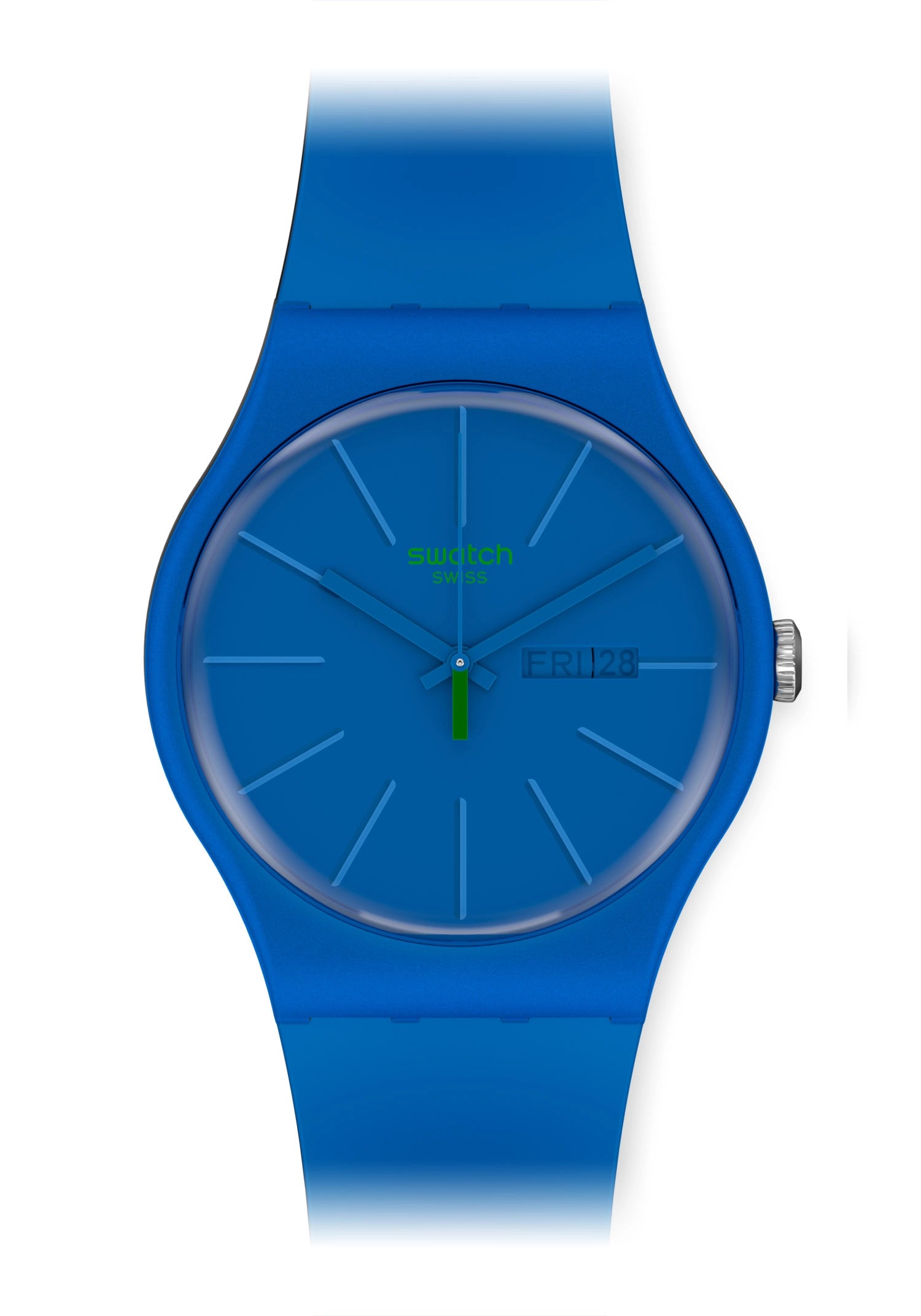 Blaue Armbanduhr mit rundem Zifferblatt, grünen Zeigern und blauem Silikonband