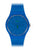 Blaue Armbanduhr mit rundem Zifferblatt, grünen Zeigern und blauem Silikonband